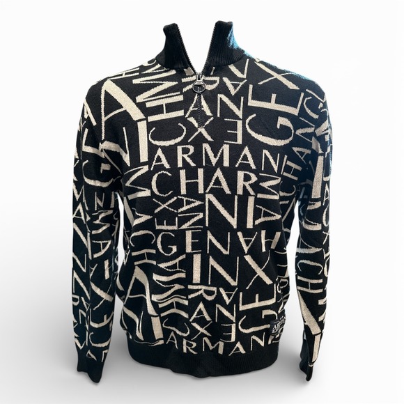 !! SOLD !! A|X Armani Exchange Logo Knit 1/4 Zip Sweater Men's L Black Cream - Picture 1 of 10
